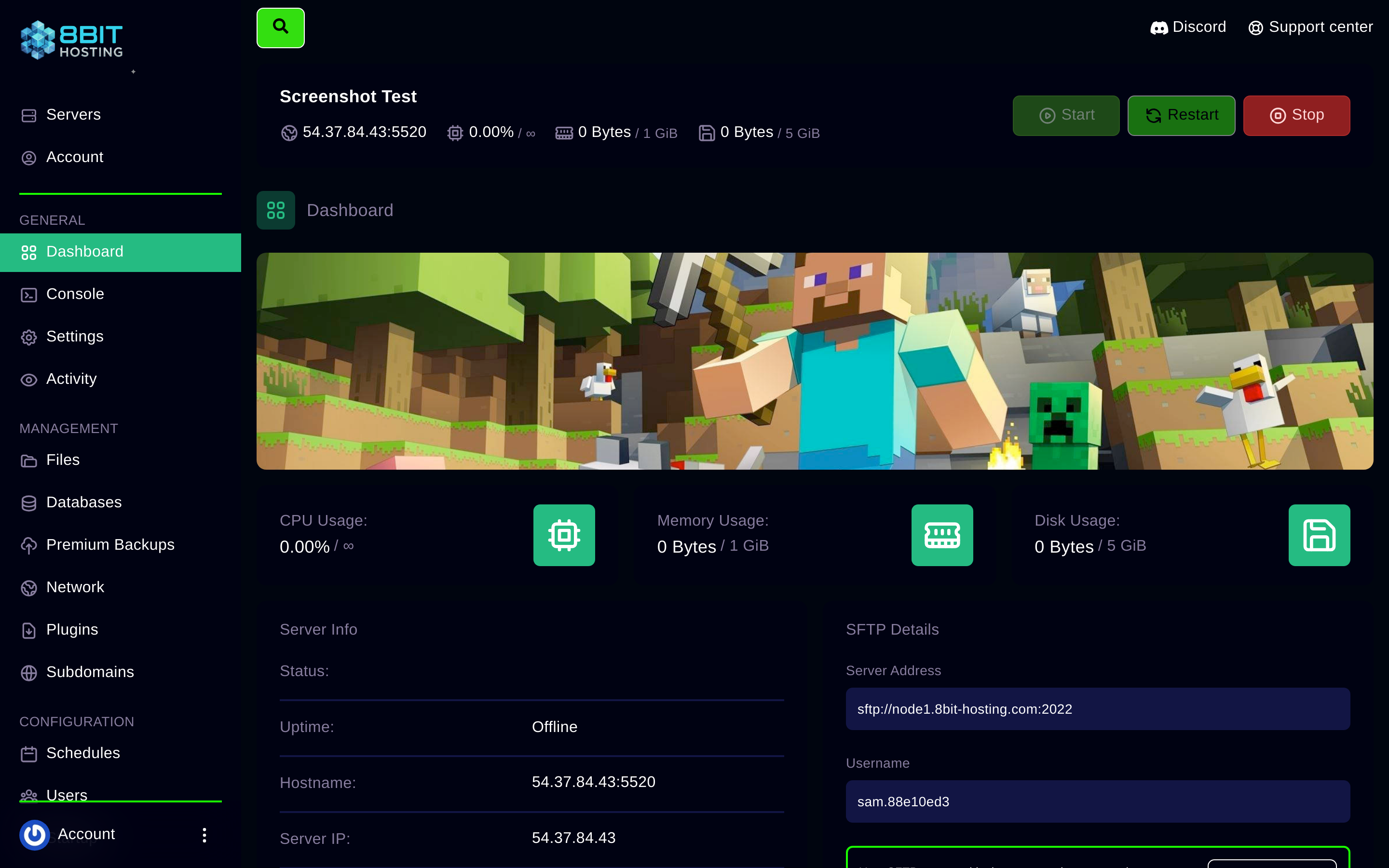 Server dashboard showing resource stats