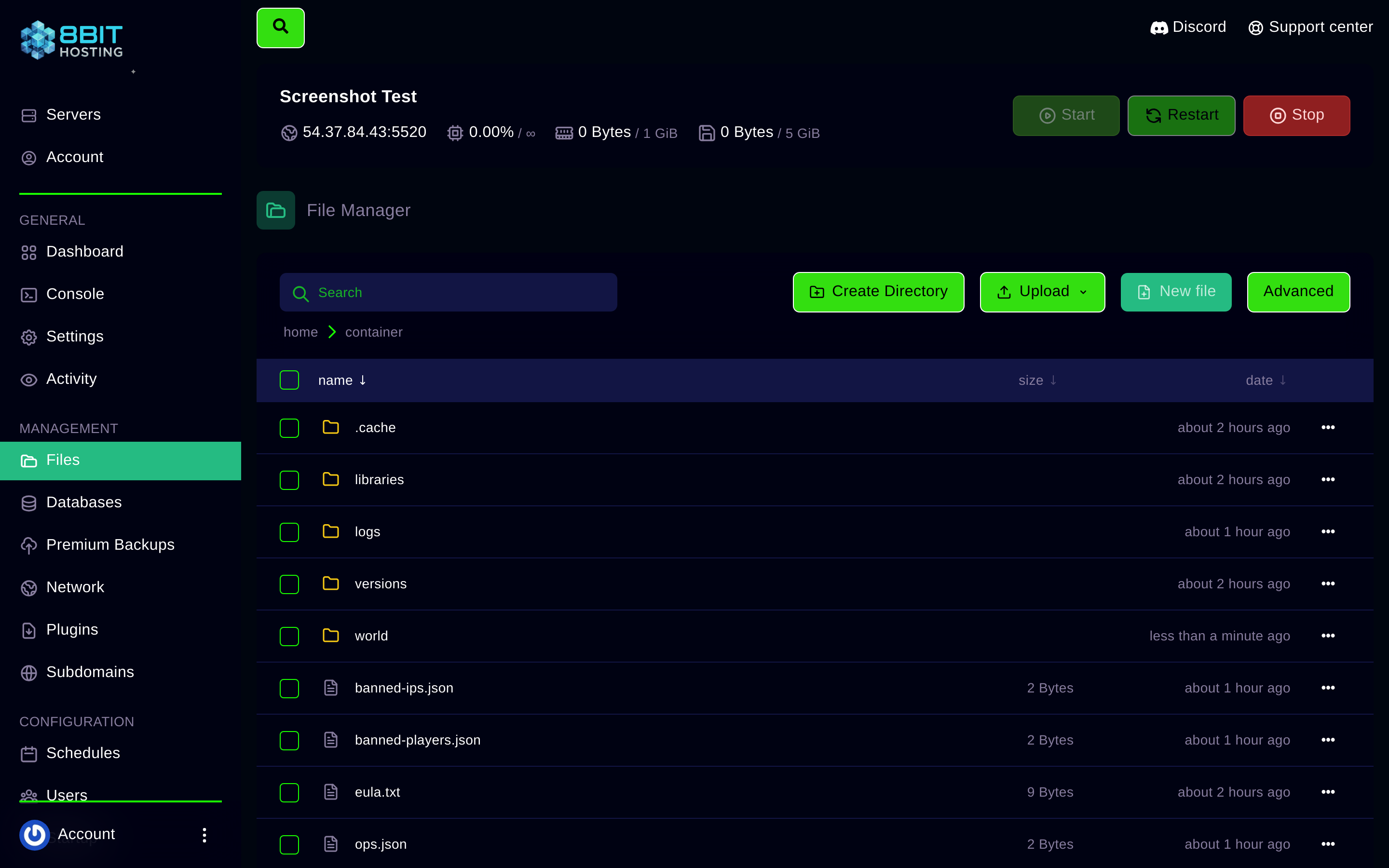 Panel sidebar showing all navigation options