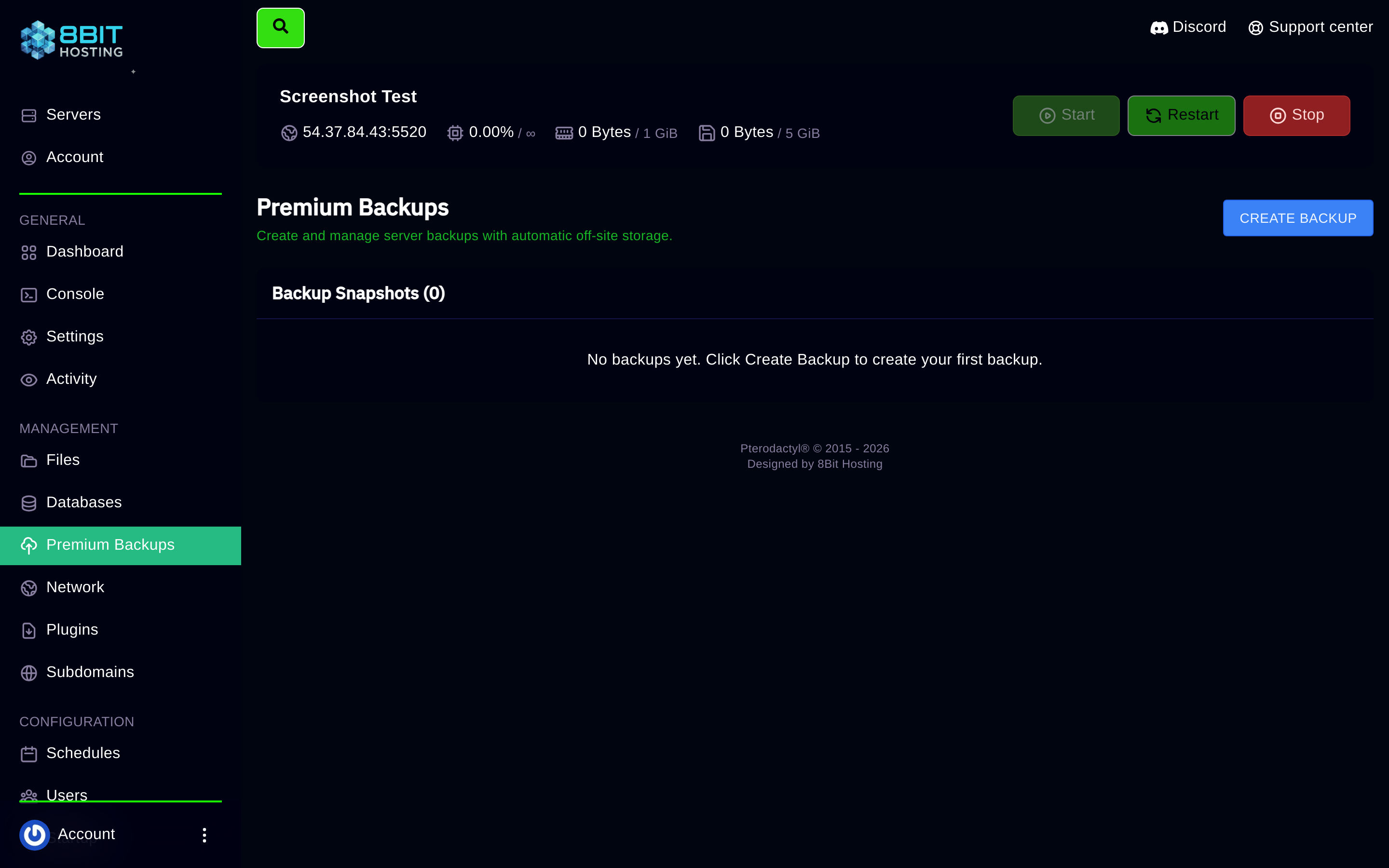 Premium Backups tab in the 8Bit Hosting panel