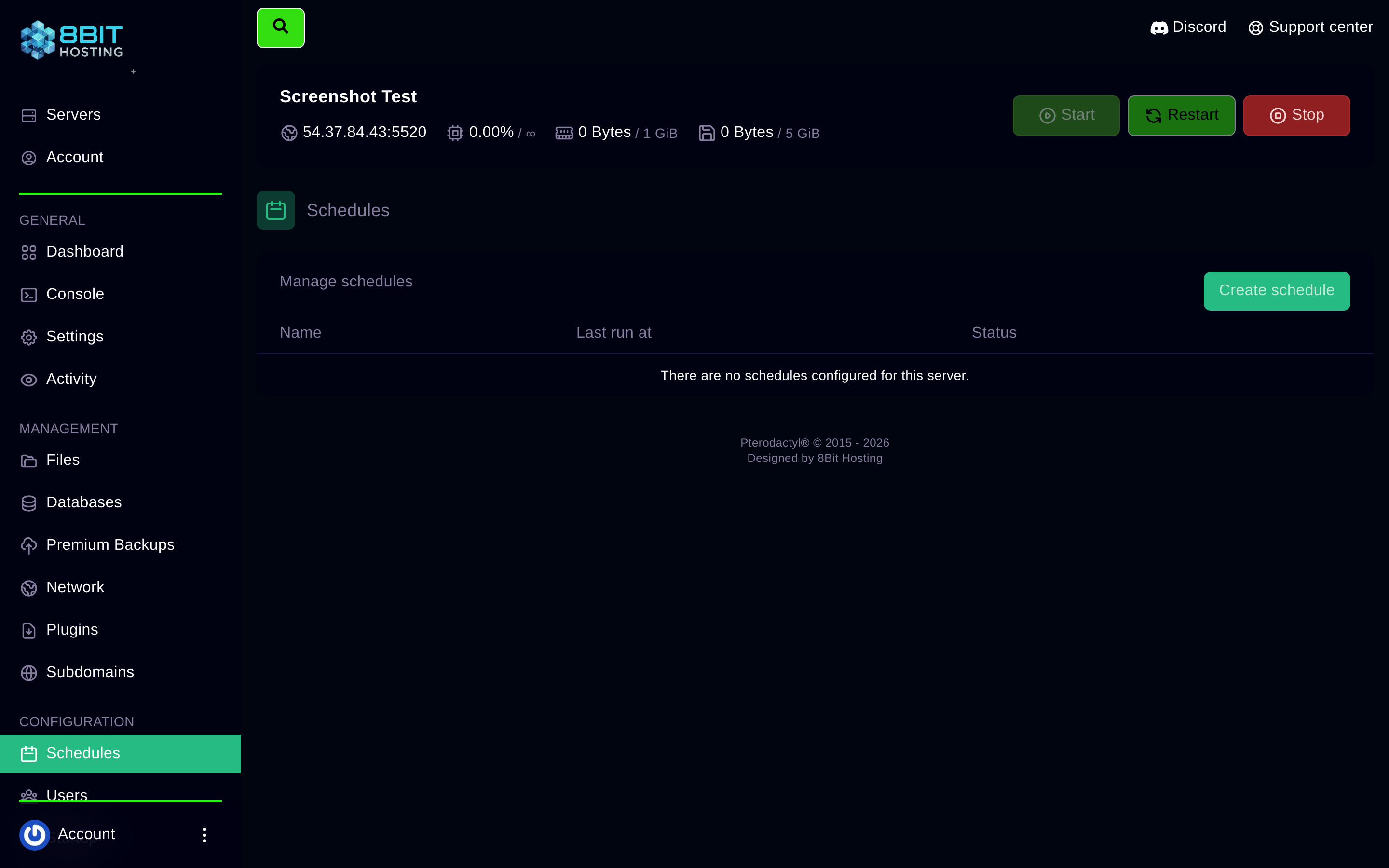 Panel Schedules tab: click Create schedule to add your first automated task