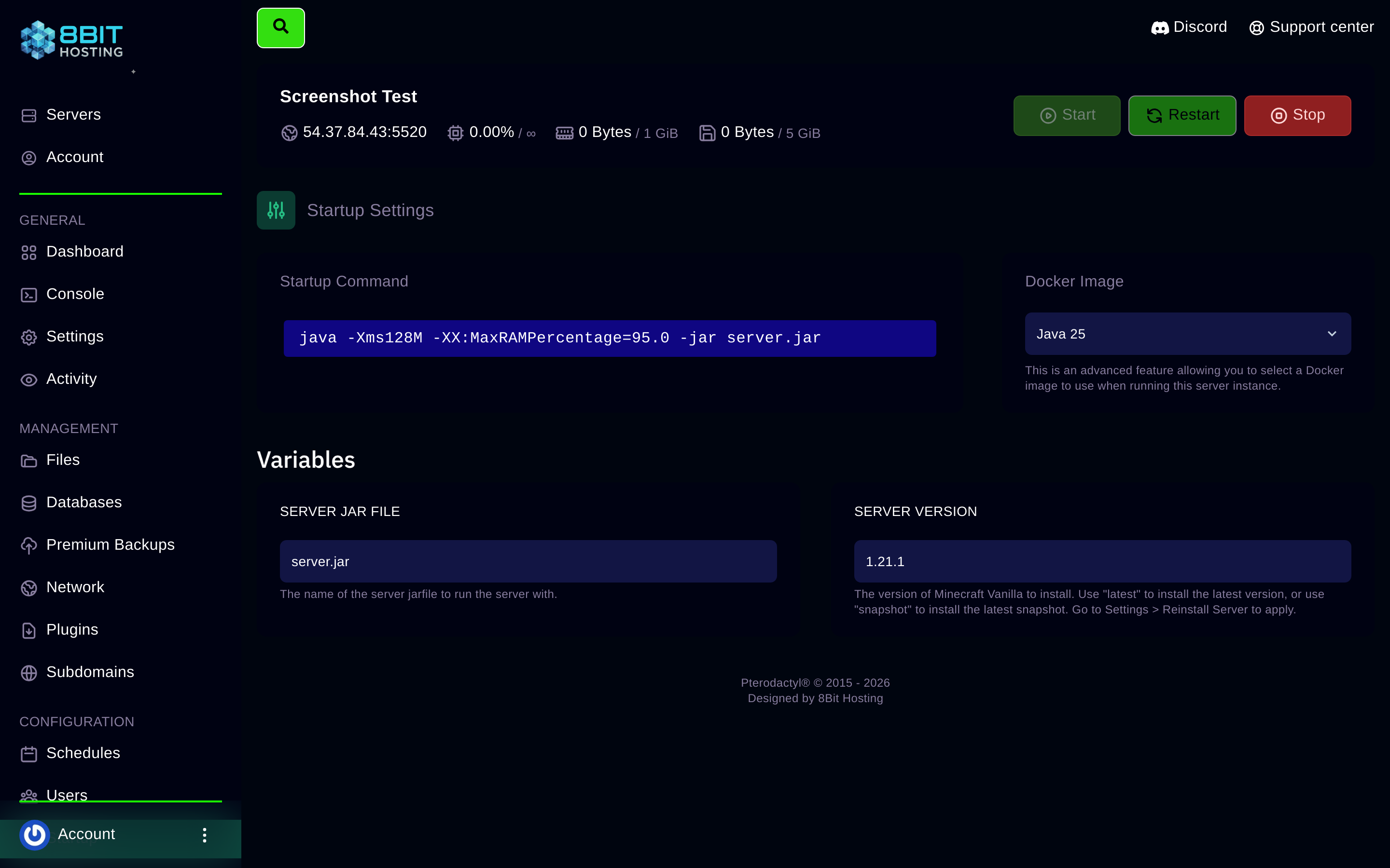 Startup tab showing server type and version variables