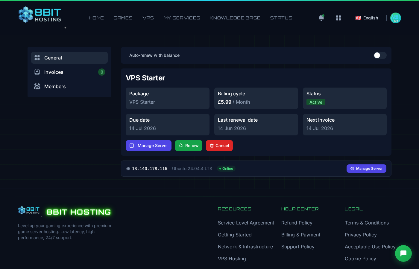 VPS service page with cancellation option